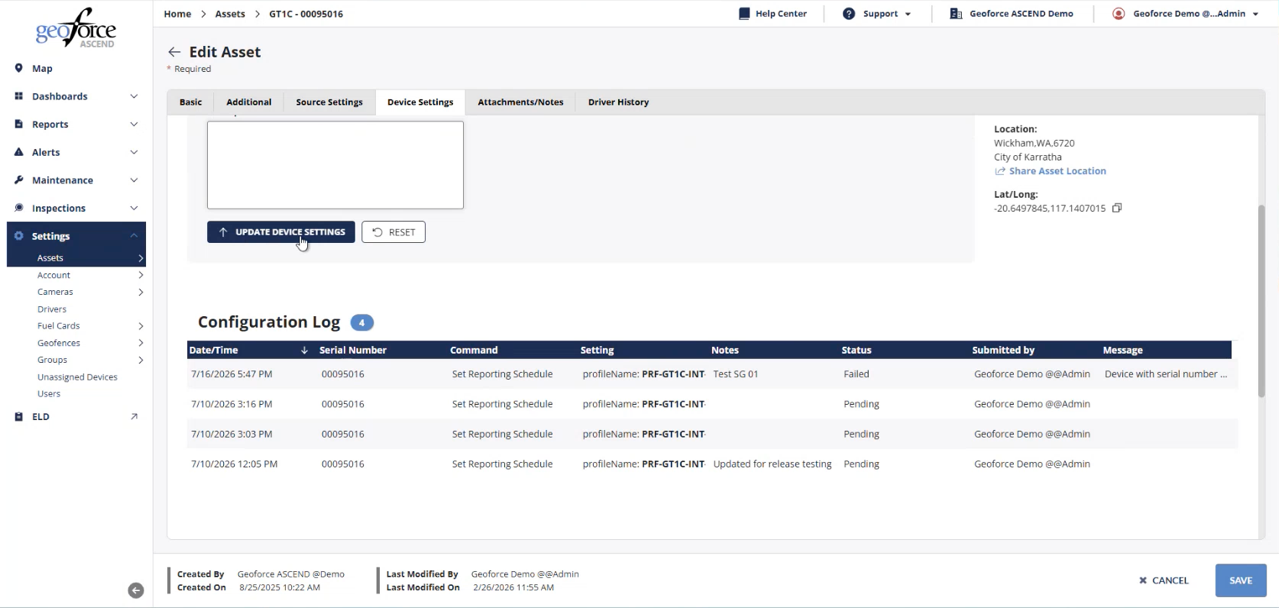 Ascend Configuration Log listing device settings commands and their statuses
