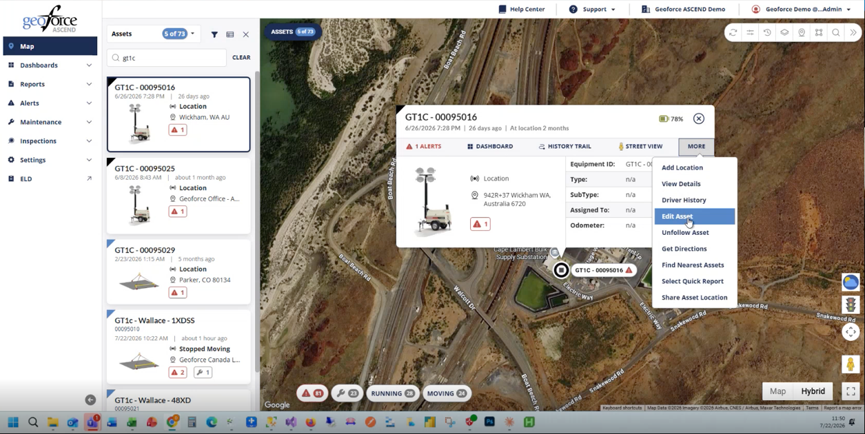 Ascend Map view showing the More menu and Edit Asset option for a selected GT1C asset