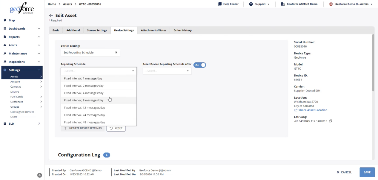 GT1C Device Settings screen with the Set Reporting Schedule command and reporting schedule menu open